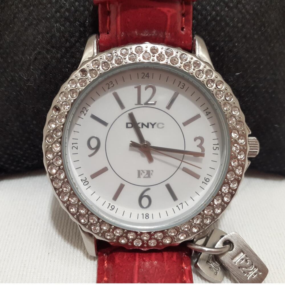 DKNY F2F Ladies Wristwatch Rhinestone Bezel Red Leather Band
